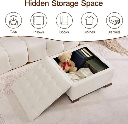 WUTUTUEE 30" Fabric Square Storage Ottoman with Wooden Tray, Modern Tufted Button Footstool Coffee Table, Upholstered Large Ottoman for Living Room, Bedroom, Beige