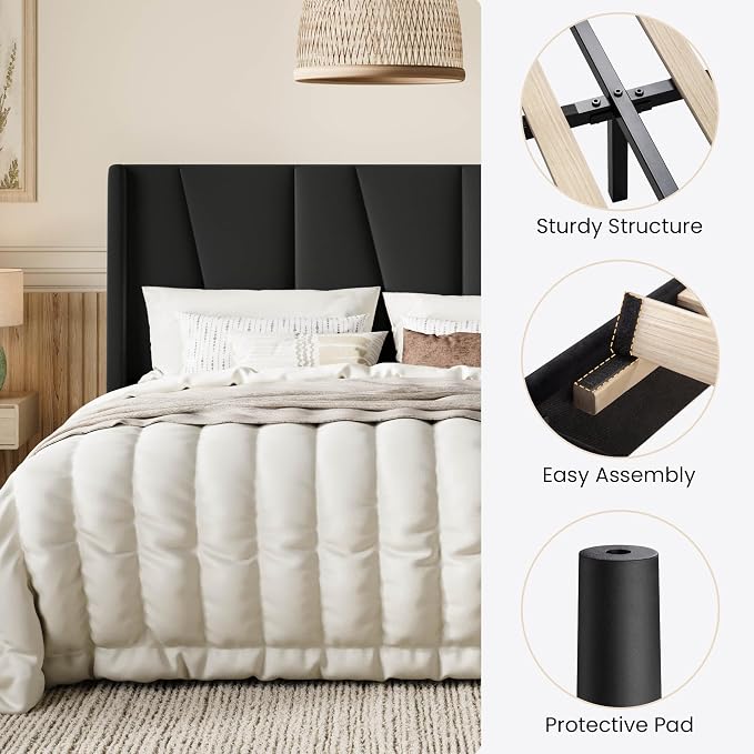 SHA CERLIN Full Size Velvet Bed Frame with Geometric Wingback Headboard, Upholstered Platform Bed with Wooden Slats Support, 8" Under-Bed Space, No Box Spring Needed, Easy Assembly, Black