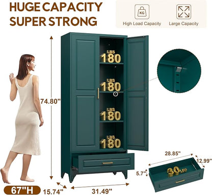 UNICOLY 75" Kitchen Pantry Cabinet with Drawer, Tall Storage Cabinet with Doors and 4 Shelves, Metal Storage Cabinets for Kitchens, Living Room, Dinning Room, Assembly Required, Green