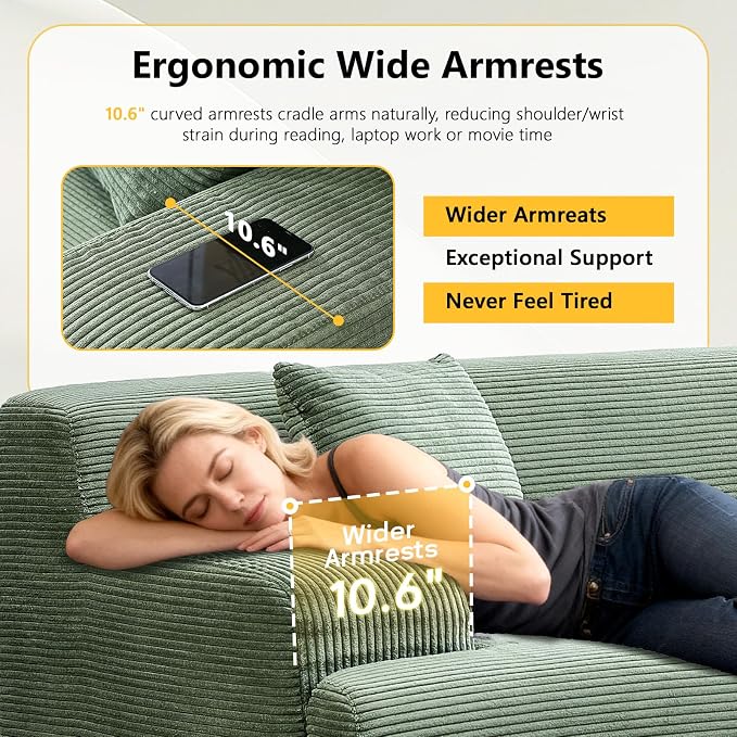 VINGLI 72" W Boneless Loveseat Sofa, Cloud Corduroy Couch in a Box, Compressed Deep Seat Sofa with 10.6" Wide Curved Armrests, Easy Assembly Required for Living Room, Apartments & Office, Green