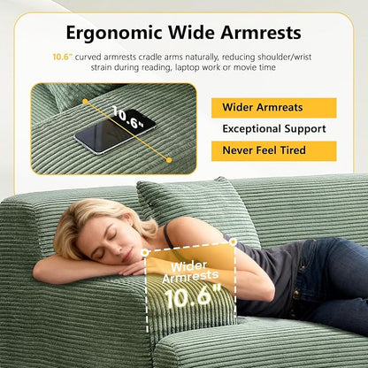 VINGLI 72" W Boneless Loveseat Sofa, Cloud Corduroy Couch in a Box, Compressed Deep Seat Sofa with 10.6" Wide Curved Armrests, Easy Assembly Required for Living Room, Apartments & Office, Green
