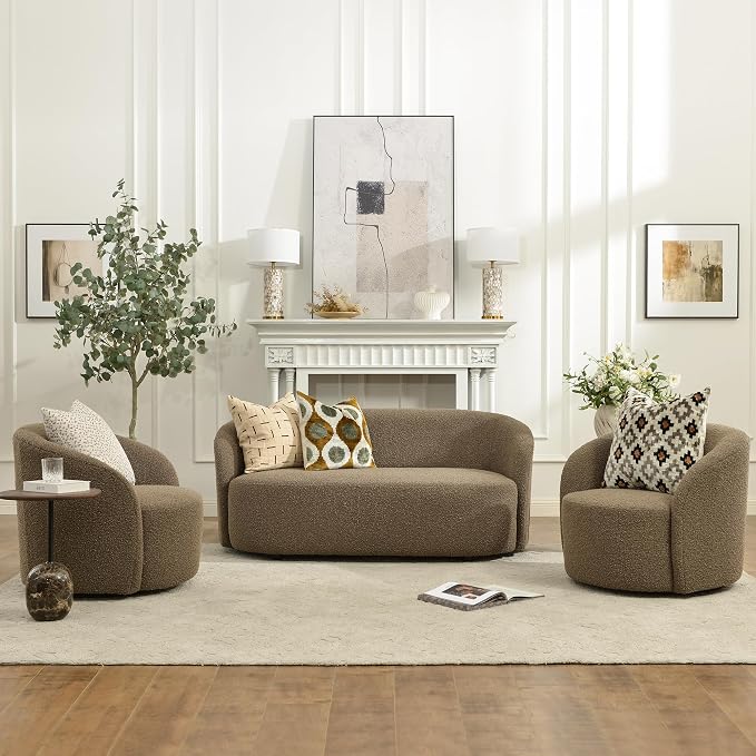 KINWELL 68" Boucle Upholstered Loveseat Sofa with Set of 2 Swivel Barrel Accent Chairs, Minimalist Comfy 2-Seater Couch and 2 Sherpa Armchairs for Small Spaces Apartment, Teddy Brown