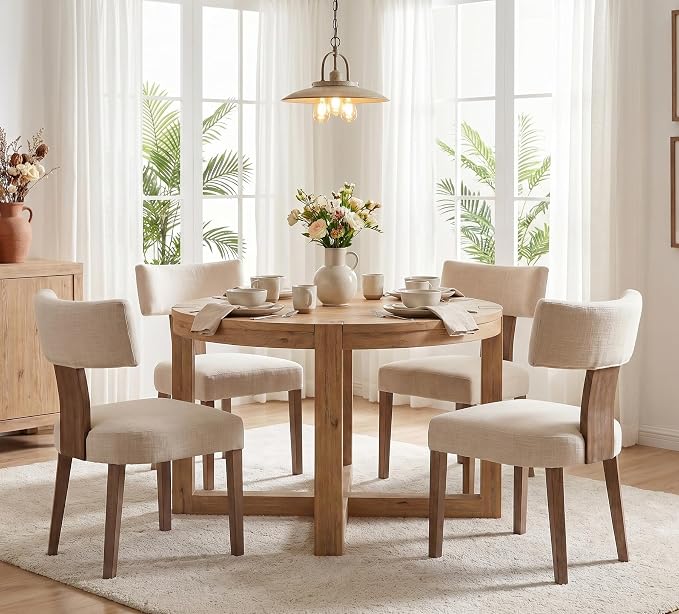RIVOVA Mid Century Modern Dining Chairs Set of 4 Upholstered Linen Fabric Dining Chairs Curved Backrest Farmhouse Dining Room Chairs Kitchen Chairs with Wood Legs, Beige