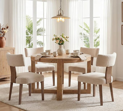 RIVOVA Mid Century Modern Dining Chairs Set of 4 Upholstered Linen Fabric Dining Chairs Curved Backrest Farmhouse Dining Room Chairs Kitchen Chairs with Wood Legs, Beige