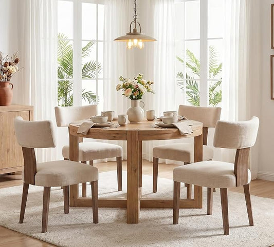 RIVOVA Mid Century Modern Dining Chairs Set of 4 Upholstered Linen Fabric Dining Chairs Curved Backrest Farmhouse Dining Room Chairs Kitchen Chairs with Wood Legs, Beige