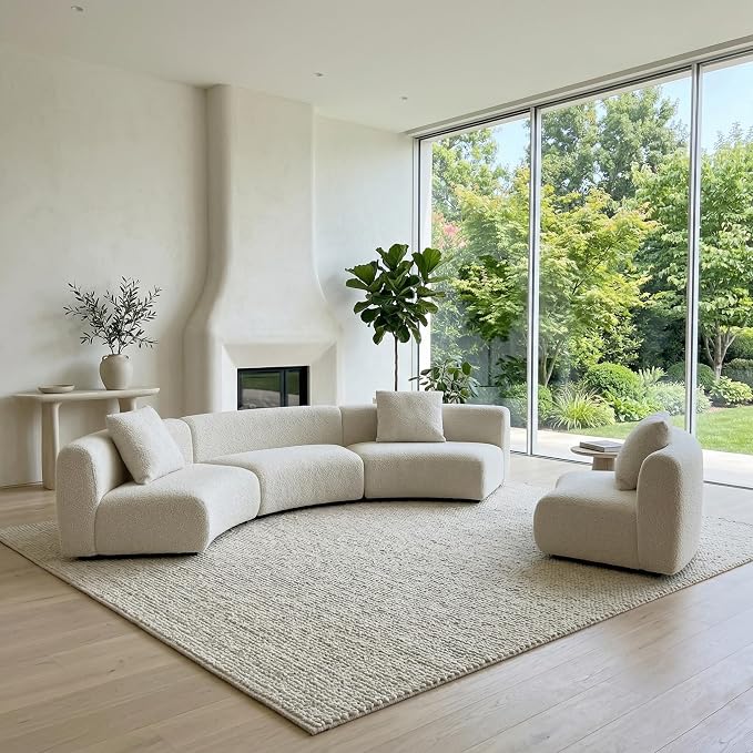 Acanva Formia Boucle Curved Sectional Sofa, Armless Chair, White | Modular Couch, Modern Minimalist, Wood Frame, For Living Room, Apartment, Home Office