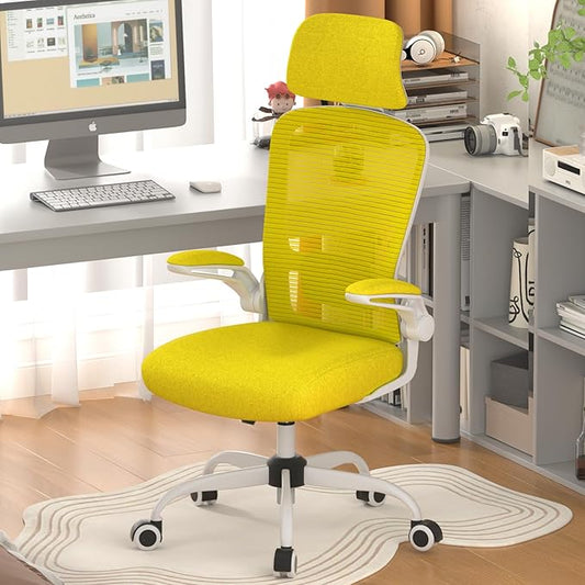 Mimoglad Office Chair, High Back Ergonomic Desk Chair with Adjustable Lumbar Support and Headrest, with flip-up Armrests for Guitar Playing, 5 Years Warranty (Modern, Golden Light)