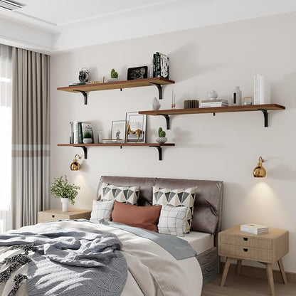 Deep Floating Shelves, 12 Inch Extra Wide Solid Wood Wall Shelves, 48 Inch Long Heavy Duty Wall Mounted Bookshelf for Living Room, Kitchen and Bedroom, Set of 3 (Brown)