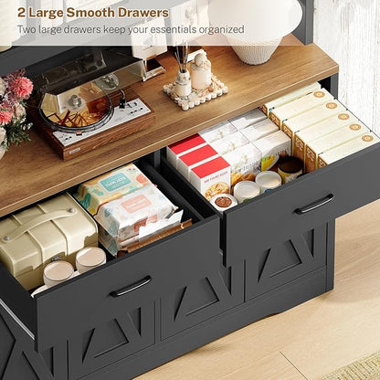 TEENFON Storage Cabinet with Doors and Drawers, Pantry Cabinets, 5 Tier Floor Standing Bookshelves, Bookshelf and Bookcase, 8 Open Storage Shelves and Printer Stand for Study, Living Room, Office
