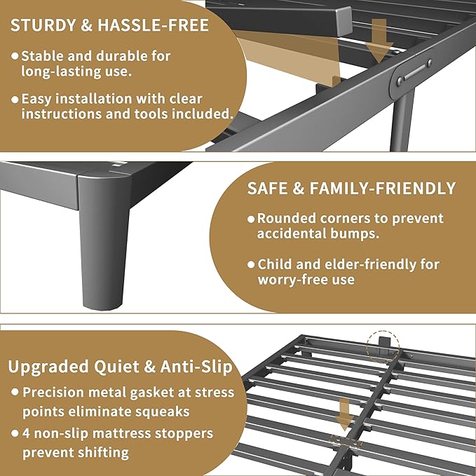 ITIMIDI 6 Inch Black Queen Bed Frame with Metal Gaskets, No Box Spring Needed, Heavy Duty Steel Slat Support, DIY Headboard, Anti-Slip Mattress Stopper, Round Corner Leg, Easy Assembly