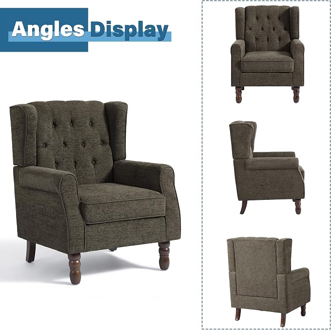 High Back Accent Chair, High Wingback Chair for Living Room, Button-Tufted Upholstered Fabric Armchair with Solid Wood Legs, Comfy Single Sofa Reading Chair for Bedroom, Taupe