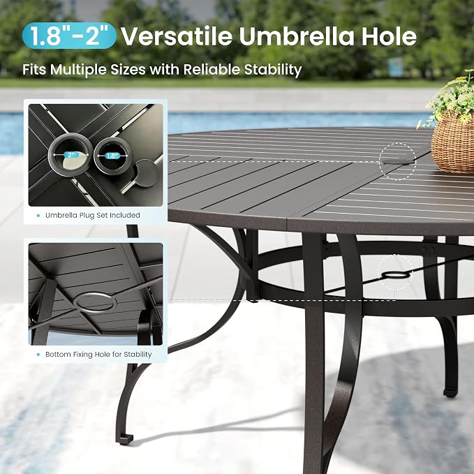 PHI VILLA Outdoor Dining Set for 8, Round Patio Table and Chairs Set, 9 Piece Patio Furniture Set with Metal Table & Lightweight Stackable Chairs for Deck Yard Garden