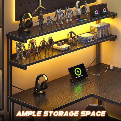 DurayLoly L Shaped Gaming Desk with No Side Bar Shelf for Small Space,Black | Open-Side Storage Rack with Printer Space and Hooks, Neat Arrangement & High Space Utilization