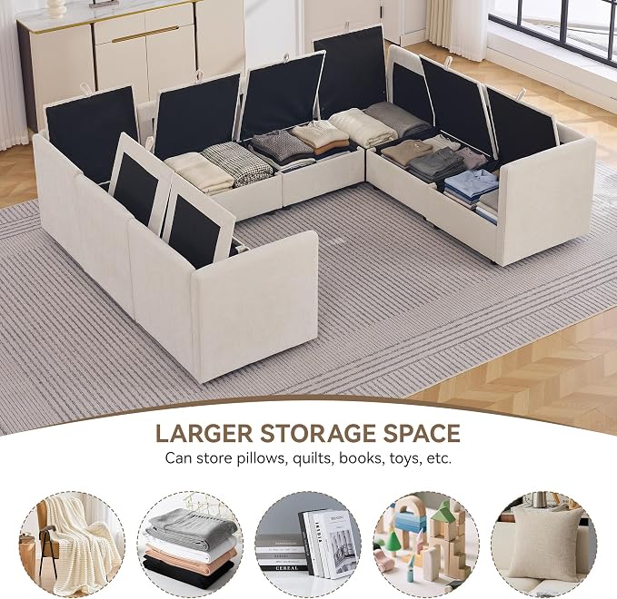 105" Beige Oversized Modular Storage Sofa, U Shaped Chenille Cloud Couch | Oversized Convertible Sectional Sofa, 8-Seat Sectional Couch With Armrests, Large Cloud Couch For Living Room, Apartment.