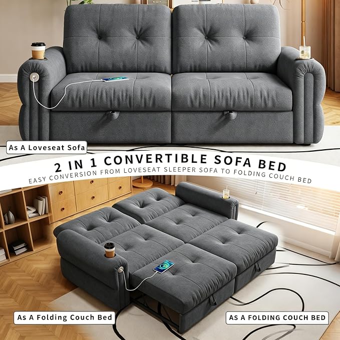 Convertible Couches, Queen Size Pull Out Sofa Bed with USB Charging Port and Cup Holders, Chenille Fabric Convertible Sofa Bed for Small Space, Living Room, Apartment, Guest Room, Dark Grey