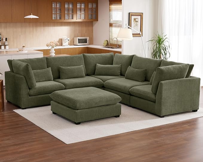 115" Oversized Chenille Couch Modular Sectional Sofa, Washable Cloud Couch Sectional with Ottoman, 6 Seater Sectional Couches for Living Room, Fully Cover Removable, V Shaped & Corner, Chenille, Green