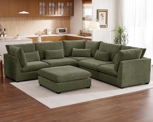 115" Oversized Chenille Couch Modular Sectional Sofa, Washable Cloud Couch Sectional with Ottoman, 6 Seater Sectional Couches for Living Room, Fully Cover Removable, V Shaped & Corner, Chenille, Green