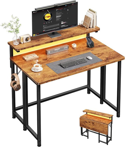 Folding Table with RGB Light for Small Space, 31.5" Folding Computer Desk for Space Saving Sofa Table for Couch, Home Work Office Desk with Monitor Stand, Easy to Fold with Hooks,Rustic Brown