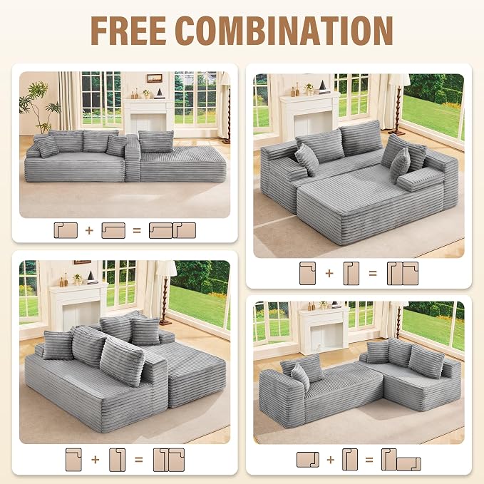 Hobestluk Boneless Couch Modular Sectional Sofa L-Shape Oversized Chaise | 108" Right Facing Chaise Light Grey,Memory Foam,Removable Cover,Non-slip Bottom,No Assemble Required,Living Room Furniture
