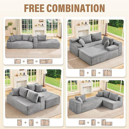 Hobestluk Boneless Couch Modular Sectional Sofa L-Shape Oversized Chaise | 108" Right Facing Chaise Light Grey,Memory Foam,Removable Cover,Non-slip Bottom,No Assemble Required,Living Room Furniture