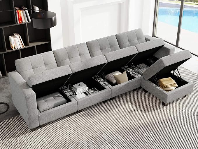 Belffin Light Grey L Shape 5-Seat Modular Sectional Sofa with Storage, Reversible Chaise, Adjustable Backrest, Cotton & Polyester