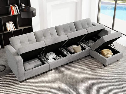 Belffin Light Grey L Shape 5-Seat Modular Sectional Sofa with Storage, Reversible Chaise, Adjustable Backrest, Cotton & Polyester