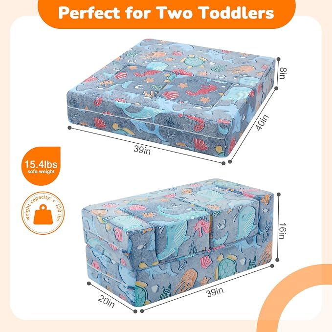 MeMoreCool Mermaid Glow-in-the-Dark Kids Play Couch, Denim Mermaid Modular Toddler Couch for Girls, Convertible Foam Sofa Bed for Playroom Bedroom, 220 lbs Capacity