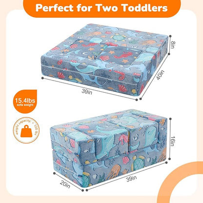 MeMoreCool Mermaid Glow-in-the-Dark Kids Play Couch, Denim Mermaid Modular Toddler Couch for Girls, Convertible Foam Sofa Bed for Playroom Bedroom, 220 lbs Capacity