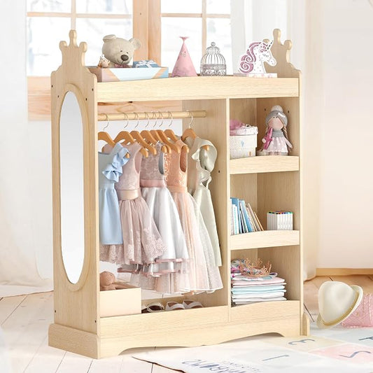 Curipeer Kids Dress up Storage with Mirror, Kids Wardrobe with Storage & 3 Hooks, Kids Closet for Girls Boys, Kids Costume Organizer, Open Hanging Armoire Wardrobe Closet for Bedroom, Natural