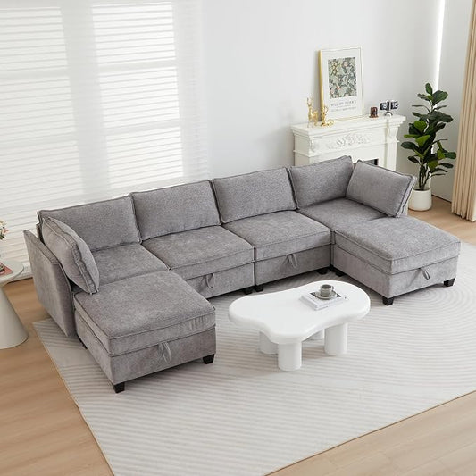 ORRD Oversize Modular Sectional Sofa Set, Convertible U Shaped Couch with Storage, 6 Seater Sofa Modular with Ottomans and Reversible Chaise for Living Room, Office (Grey)