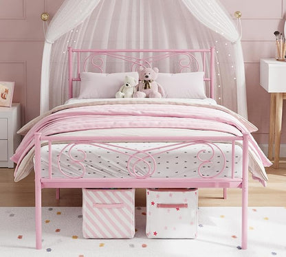 GarveeHome Twin-XL Size Bed Frame, Metal Platform Bed Frame with Headboard and Footboard, 12.2 in Bed Frame with Strong Metal Slats Support, Under Bed Storage, No Box Spring Needed, Pink