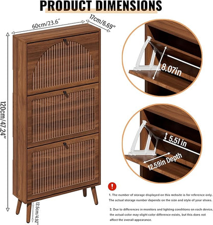 Fsbecl Shoe Storage Cabinet for Entryway with 3 Flip Drawers, Narrow Shoe Organizer with Fluted Panel, Freestanding Wood Hidden Shoe Cabinet for Hallway(Walnut, 23.6''W, Single Layer)