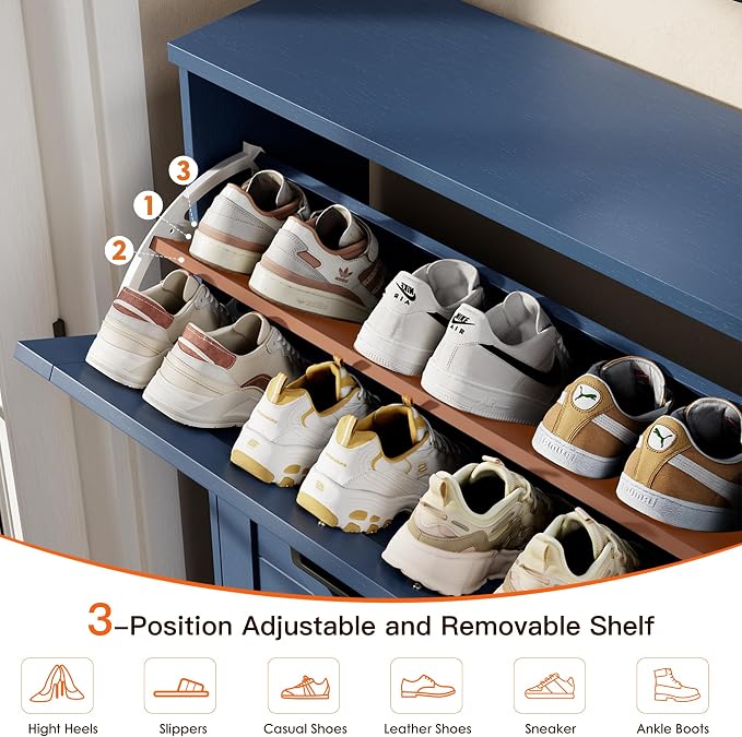 Nicetree 3-Drawer Flip Shoe Cabinet – Shaker Barn Door Accent, Farmhouse Blue Finish – Ultra Slim Freestanding Design with 3-Tier Adjustable Shelves – Space-Saving Shoe Organizer for Entryway or Foyer