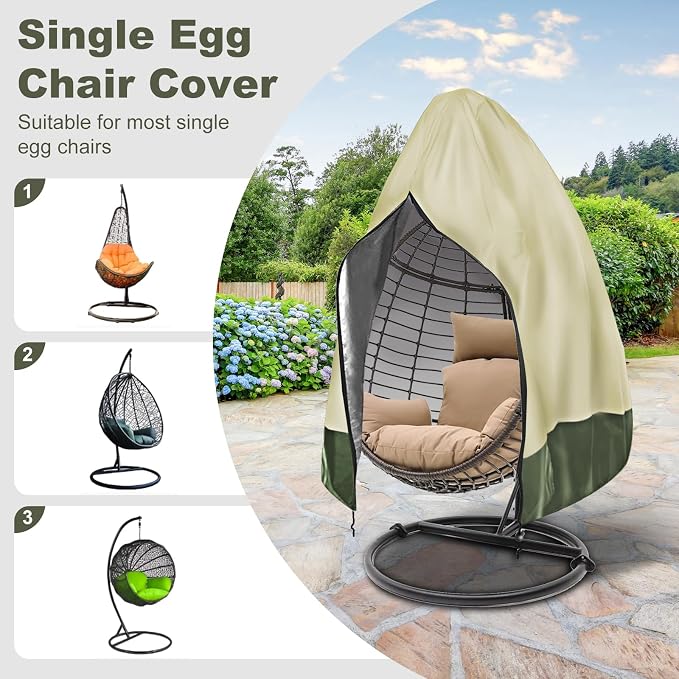 Egg Chair Cover Waterproof, 75x45 Inch Outdoor Hanging Egg Swing Chair Cover, Heavy Duty 420D Oxford Fabric, UV Resistant Windproof with Zipper & Drawstring, Fits Single Seat Egg Chair (Beige)