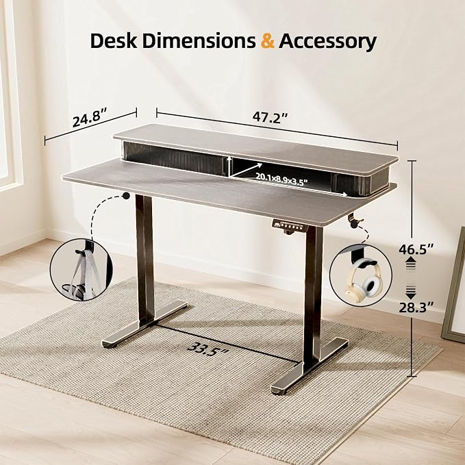 JOY worker Height Adjustable Electric Standing Desk with Storage Shelves, 48 Inch Table with Built-in Monitor Stand, Sit Stand Desk with 2 Hooks for Home Office, Grey Desktop & Black Frame