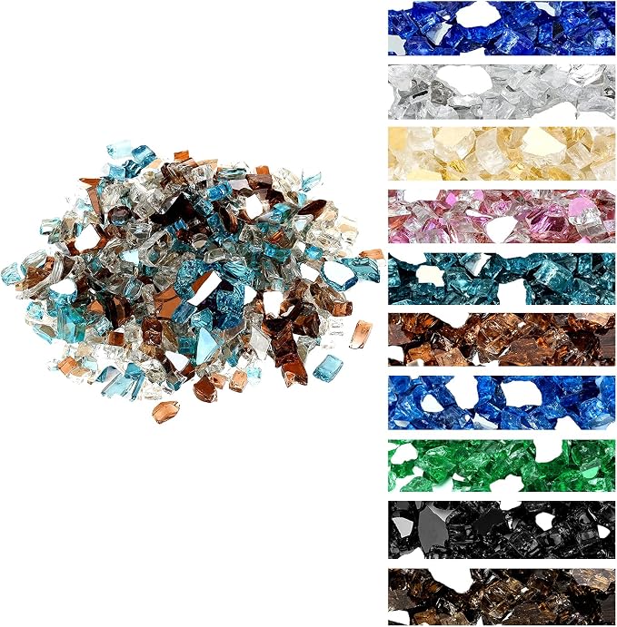 Onlyfire 10 Pounds Blended Reflective Fire Glass for Fire Pit Fireplace and Landscaping, 1/2 Inch Mixed Colored High Luster Fireglass Rocks for Outdoor and Indoor Use - Aqua Blue+Platinum+Copper
