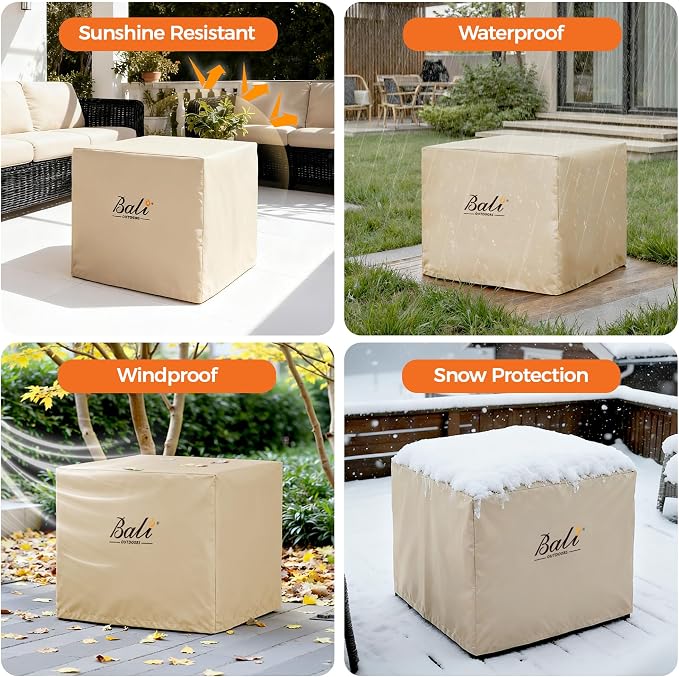 BALI OUTDOORS Square Durable Fire Pit Cover, 600D Heavy Duty with PVC Coating, Khaki, 28.3'' x 28.3'' x 25''