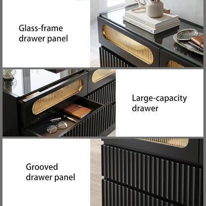 senlin Modern 16 Drawer Wardrobe Armoire with Glass Top LED Lights,Fluted Island Dresser Bedroom Closet Organizer System,Large Clothing Storage Cabinet with Jewelry Tray,Hidden Handles (Black)