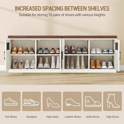 Hzuaneri 2 Tier Shoe Storage Bench with Doors, 59" Farmhouse Shoe Bench with Padded Cushion, 12-16 Pairs of Bed End Bench, Entryway Bench with Storage for Bedroom, Living Room,Rustic White SB61514KA