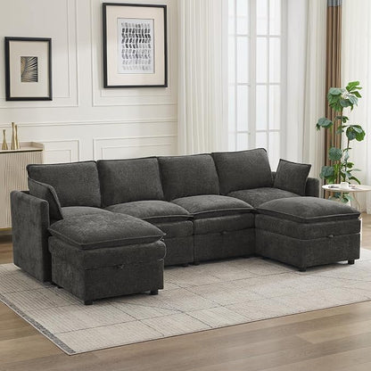 105" Cloud Modular 4 Seater Sofa with 2 Storage Ottoman, Modern Upholstered Sofa Storage Sofa Couch Deep Seat, U Shape Sectional Sofa Chenille Comfy Couch with Armrests for Living Room, Dark Grey
