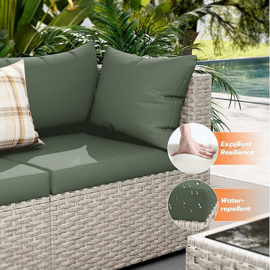 UDPATIO Outdoor Patio Furniture Set, 7 Pcs PE Wicker Sectional Sofa with Tea Table, Outdoor Conversation Set for Patio, Garden, Backyard (Green Cushions with Light Grey Rattan)