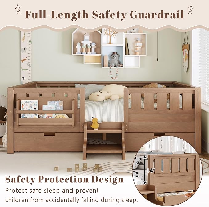 Bellemave Queen Size Kids Montessori Bed with Stairs and Bookshelf,Solid Wood Queen Size Kids Bed Frame with Drawers and Storage for Girls Boys,Low-Profile,Natural