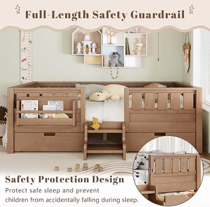 Bellemave Queen Size Kids Montessori Bed with Stairs and Bookshelf,Solid Wood Queen Size Kids Bed Frame with Drawers and Storage for Girls Boys,Low-Profile,Natural