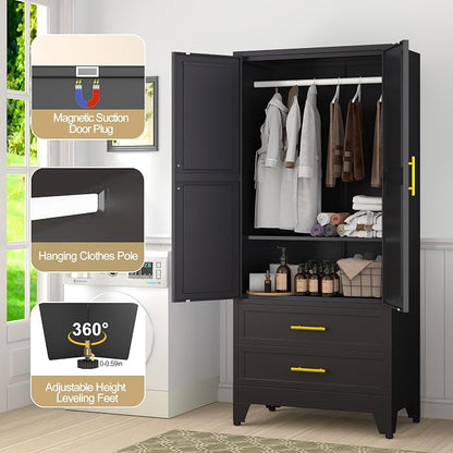 GAIOUS 71" Metal Wardrobe Cabinet with 2 Drawers and Hanging Rod Black | Clothing Storage Cabinets with 2 Doors and Adjustable Shelves, Armoire Wardrobe Closet for Bedroom, Laundry Cloak Room