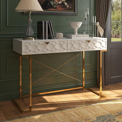 Clihome Console Table with 2 Drawers, 42'' Entryway Table with Storage, Desktop Sofa Table Hallway with Golden Legs and X-Shaped Bracket
