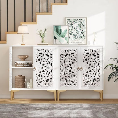 JOINICE 31.5" White Accent Cabinet with Carved Doors & Storage, Set of 2 | Carved Floral Design, Boho, Versatile Storage for Living Room & Bedroom & Hallway & TV Stand, Adjustable Shelf, Easy Assembly
