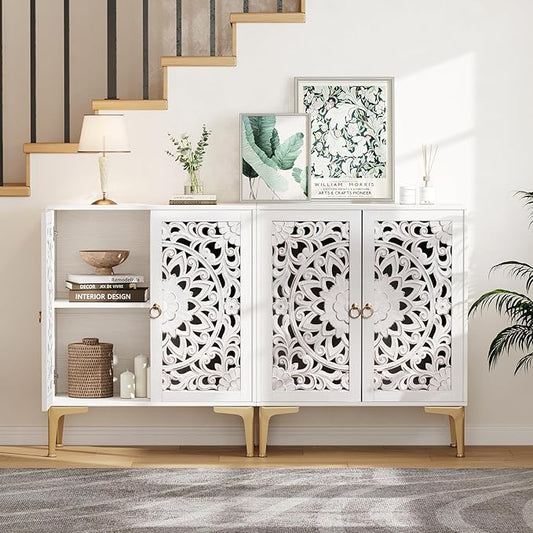 JOINICE 31.5" White Accent Cabinet with Carved Doors & Storage, Set of 2 | Carved Floral Design, Boho, Versatile Storage for Living Room & Bedroom & Hallway & TV Stand, Adjustable Shelf, Easy Assembly