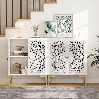 JOINICE 31.5" Accent Storage Cabinet with Carved Doors, White Boho Sideboard for Storage, Coffee Bar Cabinet & Entryway Table with Gold Legs, Decorative Buffet Cabinet for Dining Room, Living Room