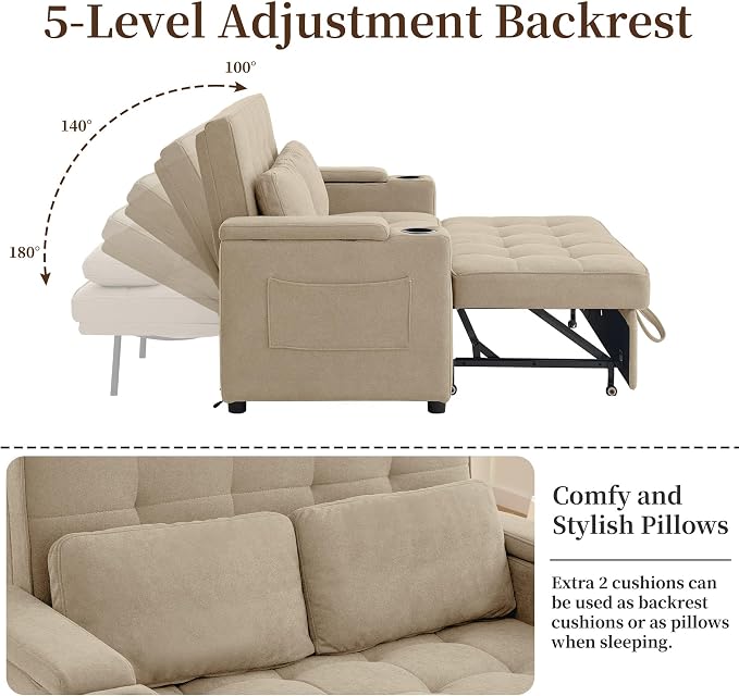 Korser 55.5'' 3-in-1 Convertible Sofa Bed, Pull Out Couch with 5-Position Adjustable Backrest, Loveseat Sleeper Sofa for Small Spaces, Sofa Couch with Cup Holders for Living Room, Office, Chenille