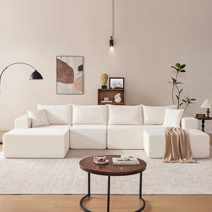 Mangodan 140” Cloud Sectional Couch, Modular Sectional Sofa with Deep Seat, Boneless Sofa for Living Room, Fluffy Comfy U-Shaped Couch with Left Facing Chaise, No Assembly Required, Beige